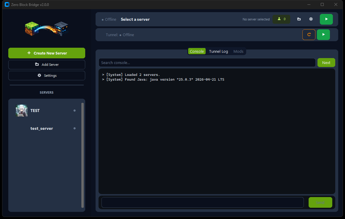 ZeroBlockBridge dashboard showing server list, console output, and tunnel status